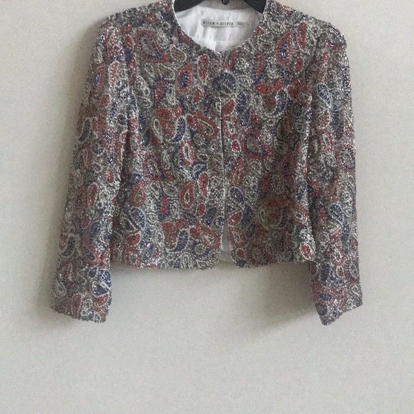 ALICE + OLIVIA Kidman Sequined Cropped Beaded Metallic Jacket - Picture 4 of 8